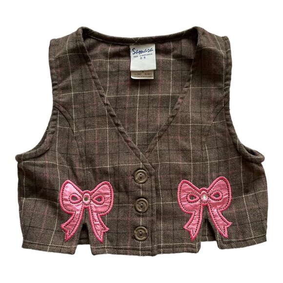 Vintage Inspired Samara Girls Plaid Vest & Pants Set With Pink Bow Accents Size - Picture 4 of 6